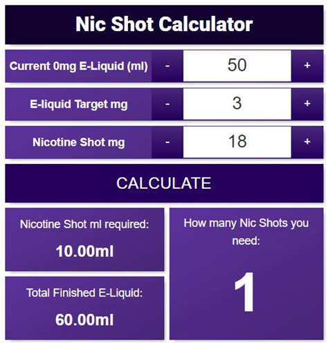 18mg nicotine shot calculator Enjoy premium nicotine e-liquids or opt for nicotine-free vape juice options